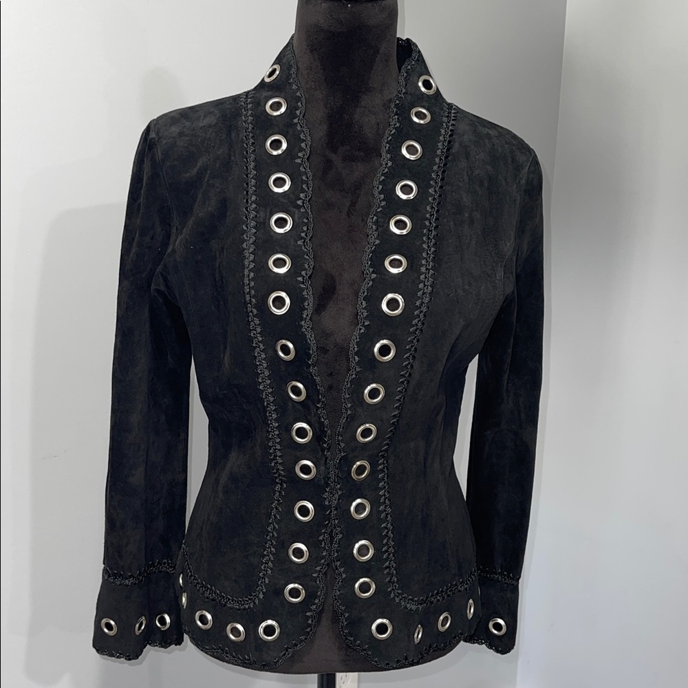 Vintage 90s Mertillo Black Suede Leather Jacket Eyelet Trim Women's size medium